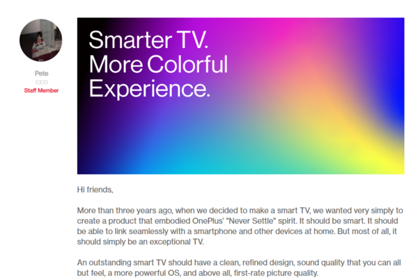 一加进军电视行业电视：将于7月2日发布两款电视产品，价格更低更智能